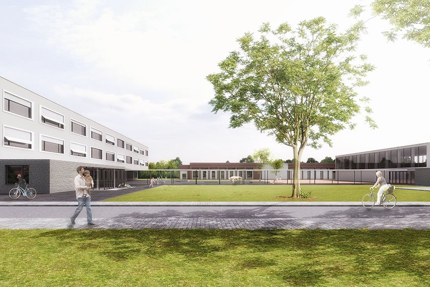 Perspektive Schulhof mit Aula